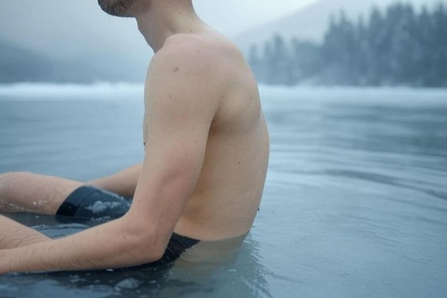 image of a cyclist having an ice bath in a large pond or lake in freezing conditions