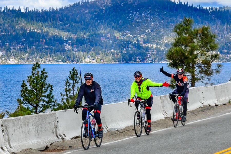 three senior cyclists biking around Lake Tahoe in Sacramento - Flickr image