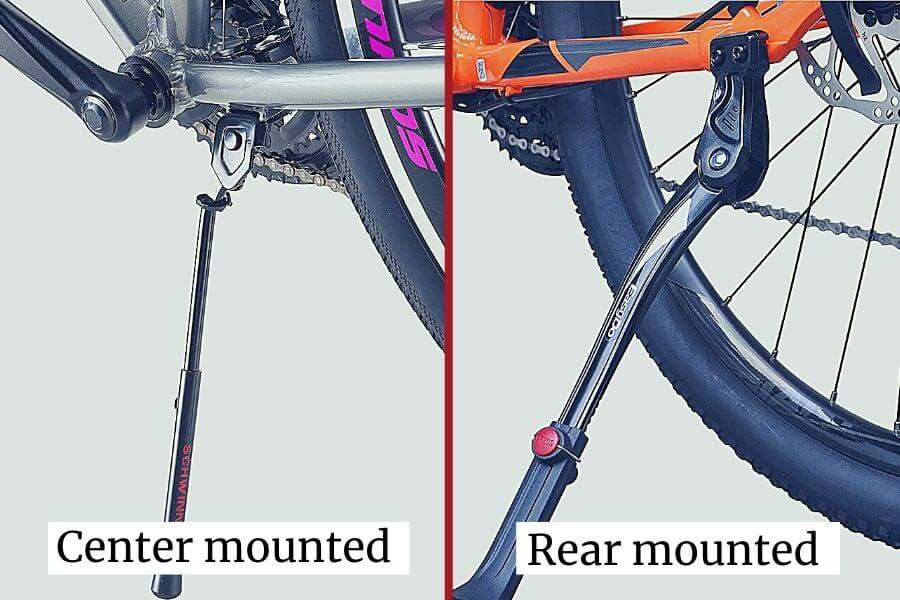 rear and centre-mounted bicycle kickstands compared
