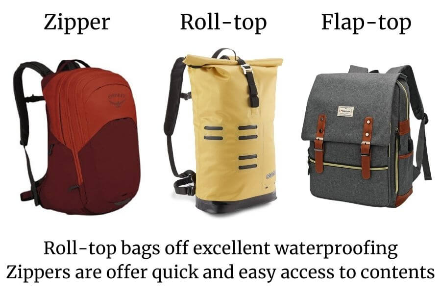 comparison between roll-top, zipper and flap-top backpacks