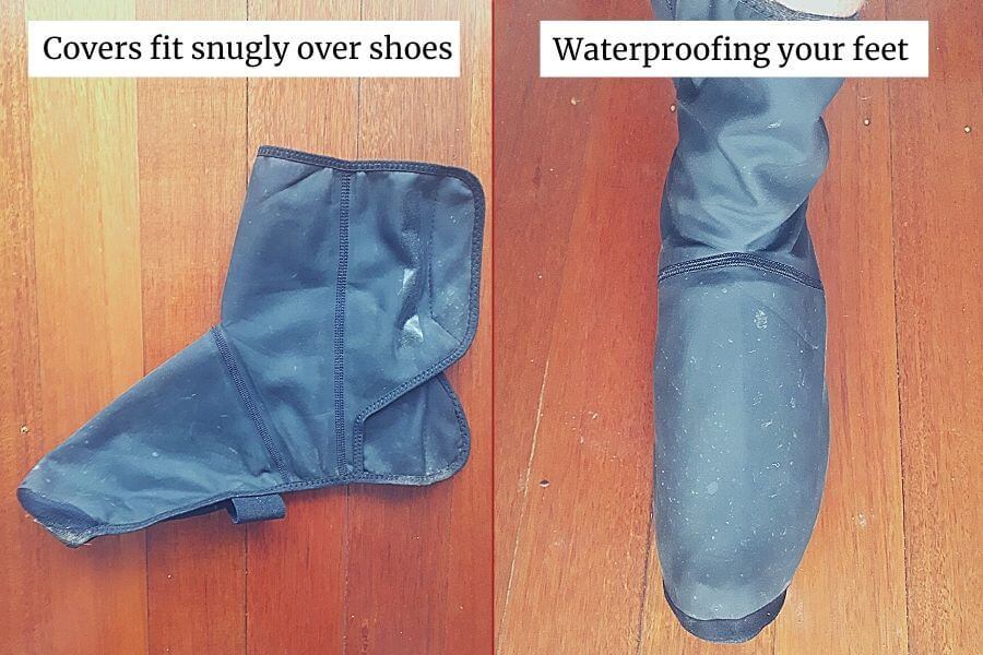 Cycling overshoes (or Booties) can be worn over your shoes to keep your feet warm and dry