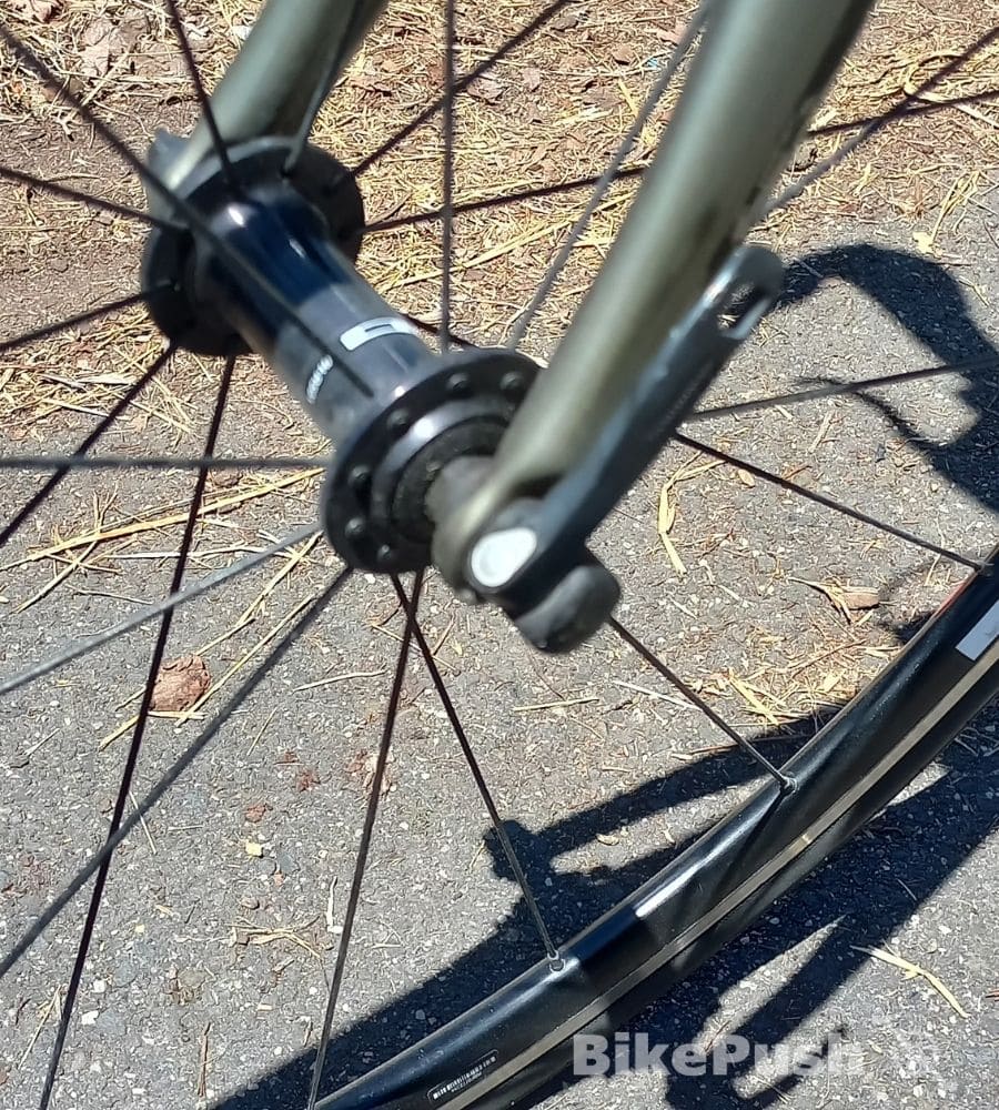 Close up of quick release lever for a bicycle front wheel