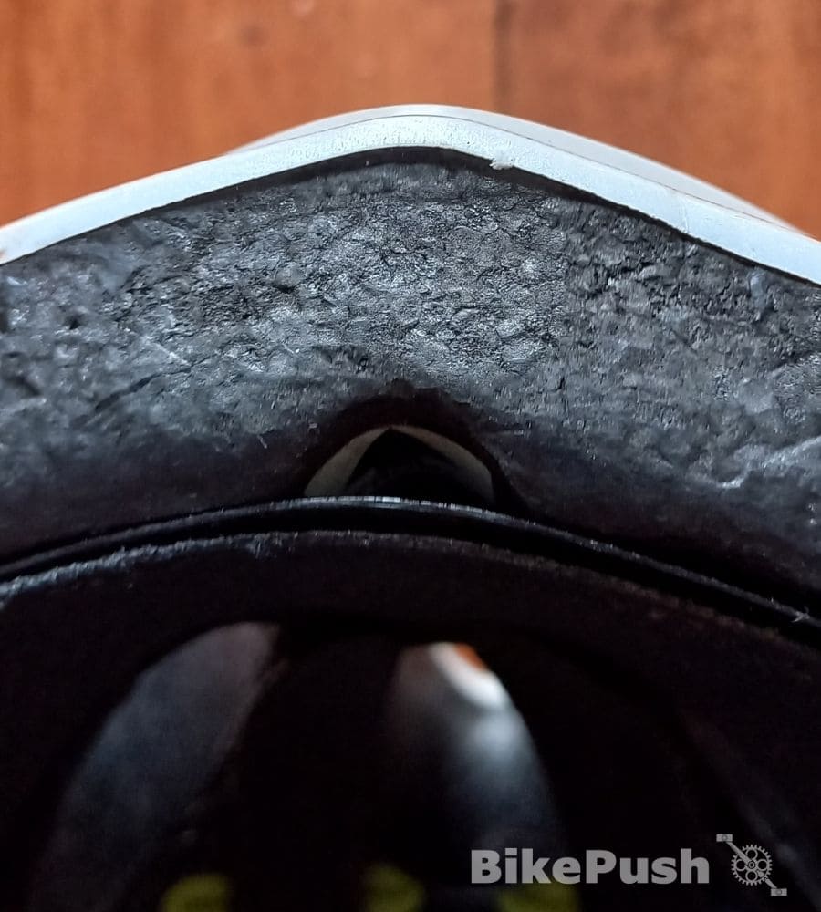 Closeup of EPS foam on a road bicycle helmet