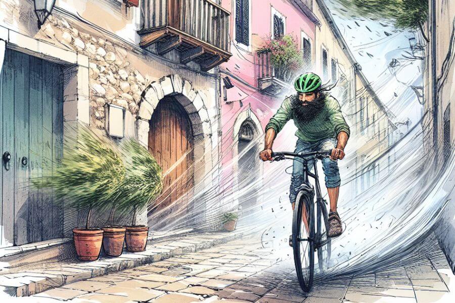 watercolour painting of cyclist in the wind