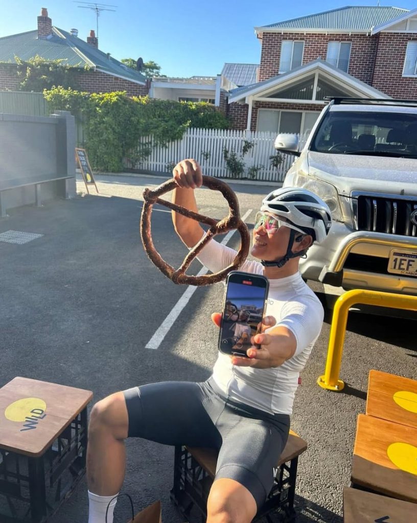 Cyclist with oversize pretzel