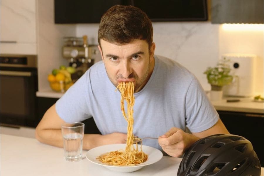cyclist carb loading with pasta