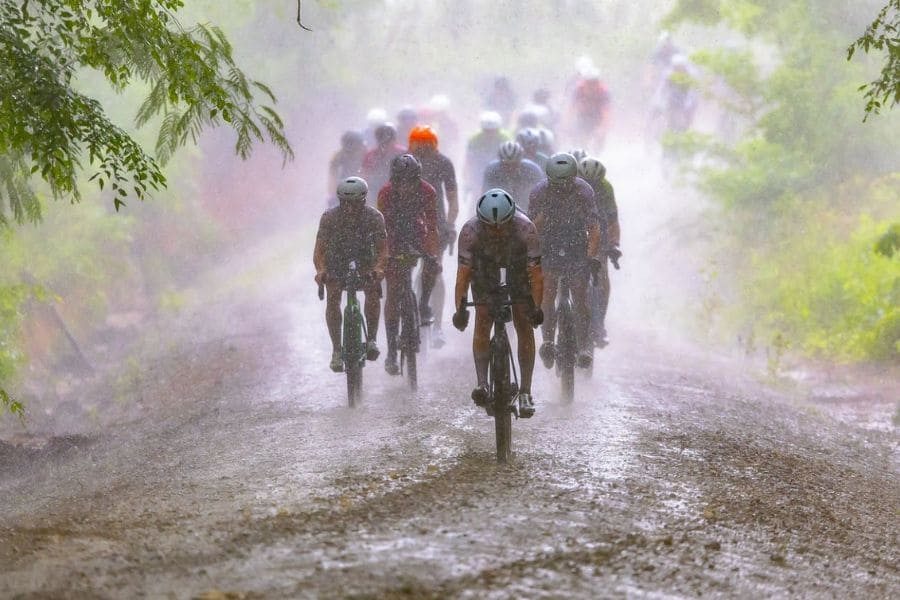 Gravel bikes in the rain on gravel path