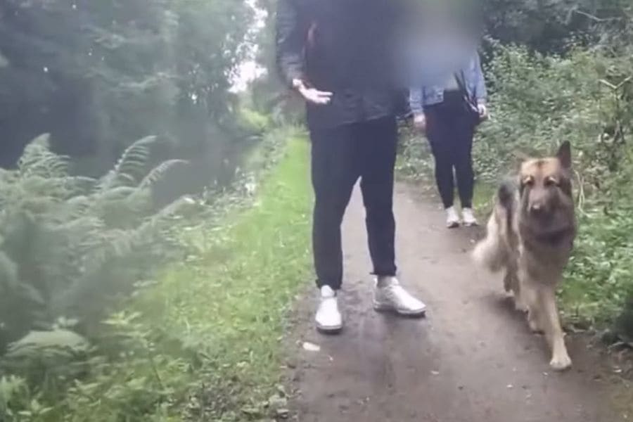 Cyclist being confronted by aggressive pedestrians on canal path