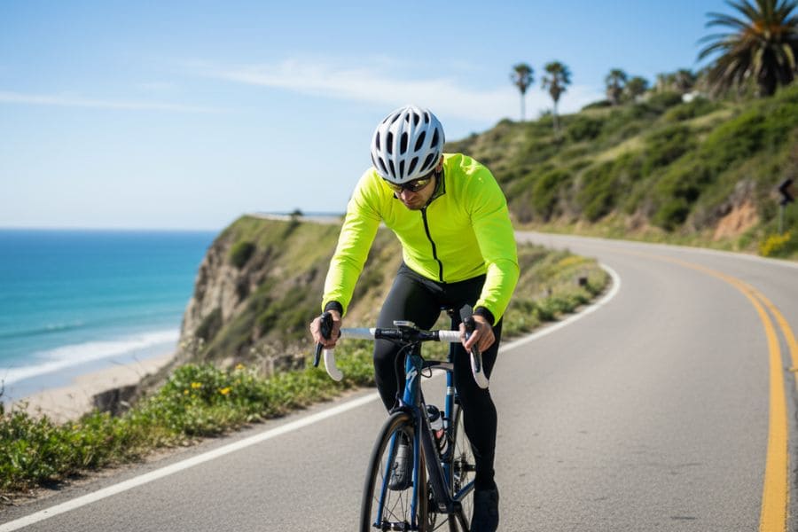 Cyclist in bright top riding on a sunny day