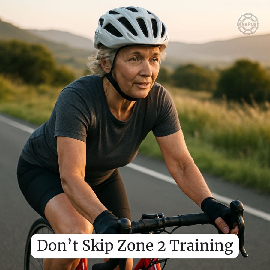 middle aged female cycling in zone 2