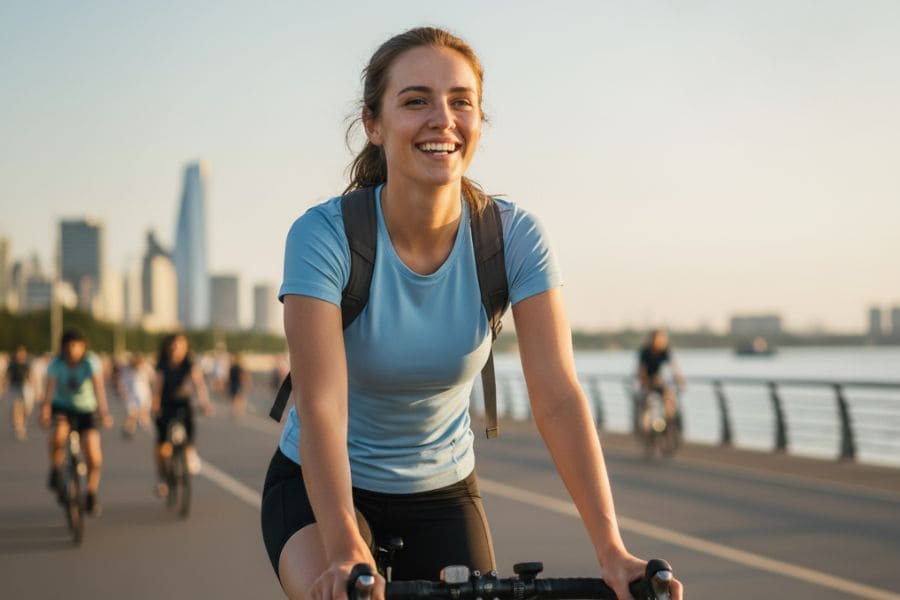 Happy woman riding bike on bike path