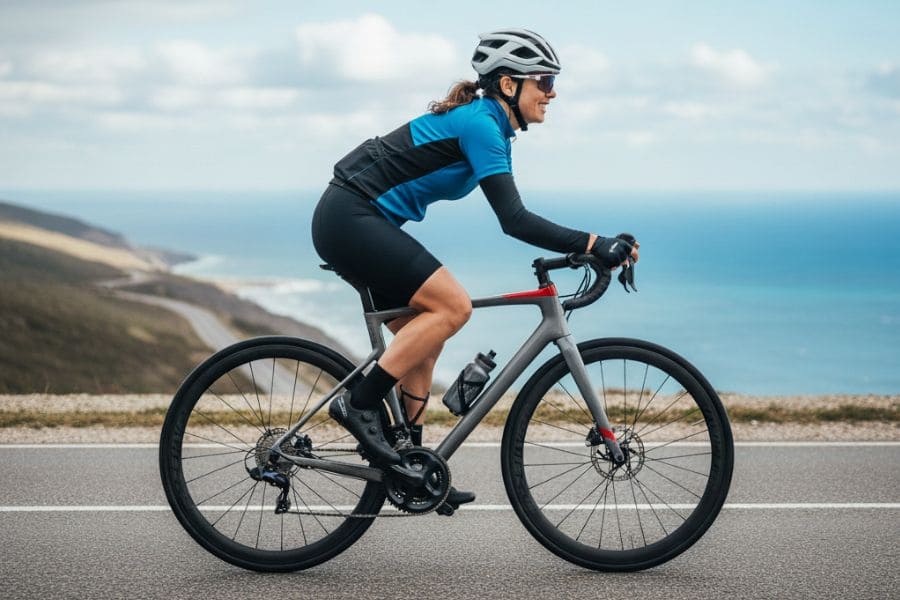 Lady on road bike riding solo