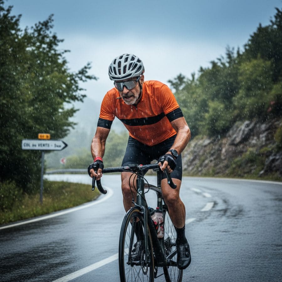 middle aged man riding at high intensity in the rain