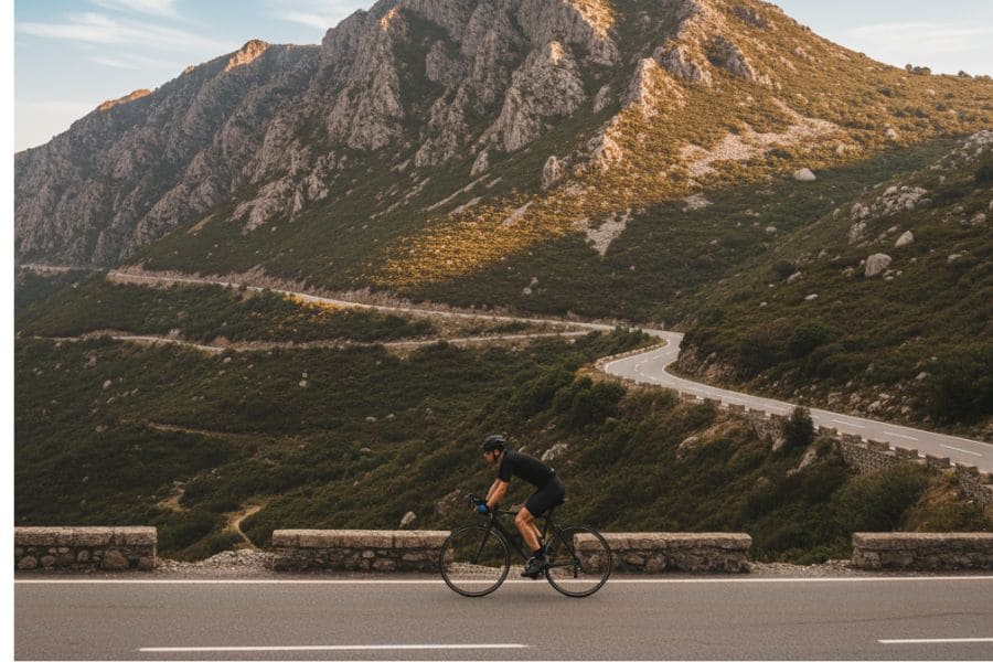 Cyclist riding up a mountain on a sunny morning