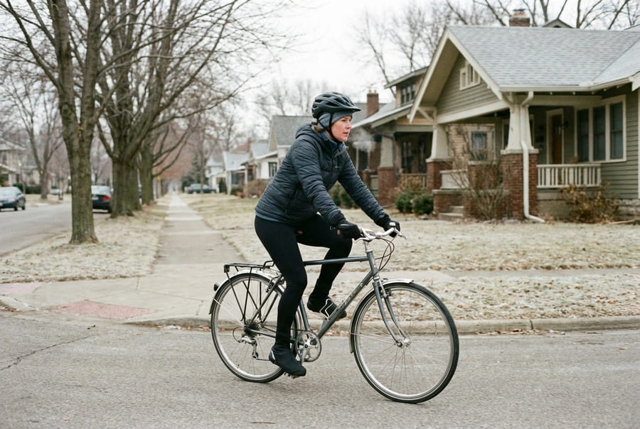 woman on commuter bike in US suburb in winter