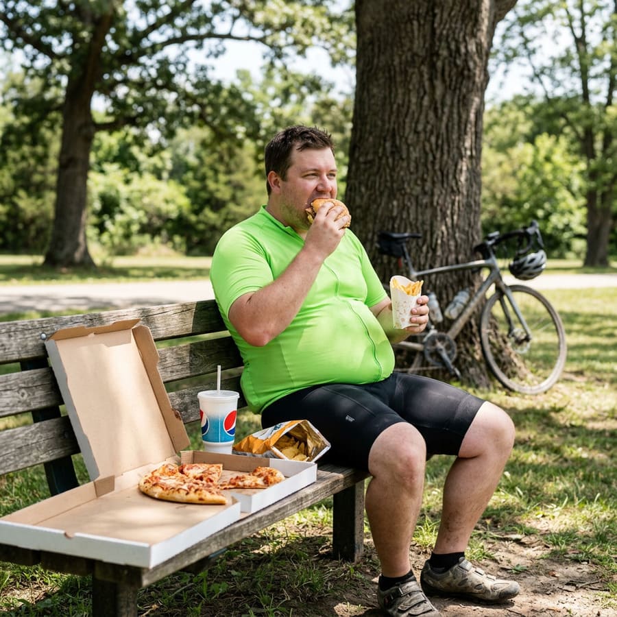 overweight cyclist eating junk food